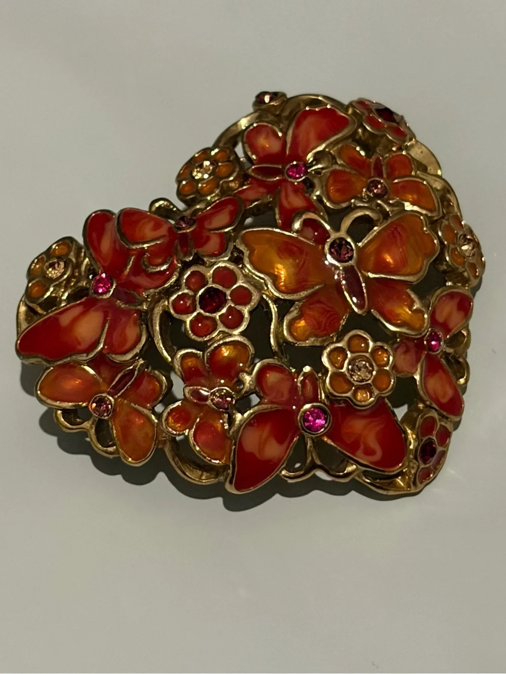 VTG Monet Enamel Brooch Butterfly Red Flower Heart Gold Tone Pin